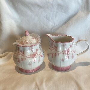Pink and White Floral and Bird Cream and Sugar Set